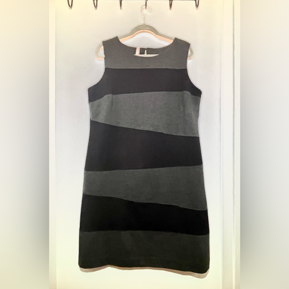 EUC 0X Addition Elle Asymmetrical Stripes Black and Grey Dress